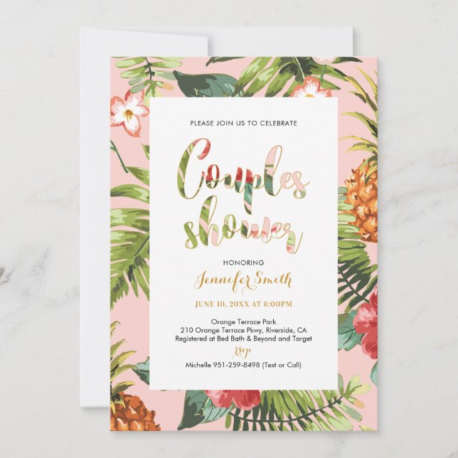 Invitation Rose et or | Wedding shower des couples tropicaux (Devant)