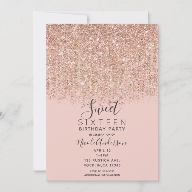 Invitation Rose et Rose or Parties scintillant douce 16 Parti (Devant)