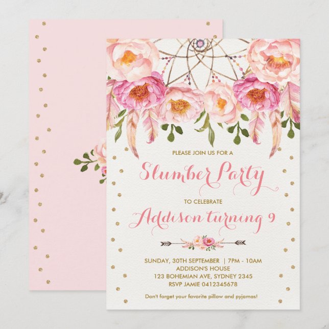 Invitation Rose et Sleepover d'anniversaire de Boho de soirée (Devant / Derrière)