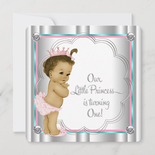 Invitation Rose et Turquoise Blue Princess 1er anniversaire (Devant)