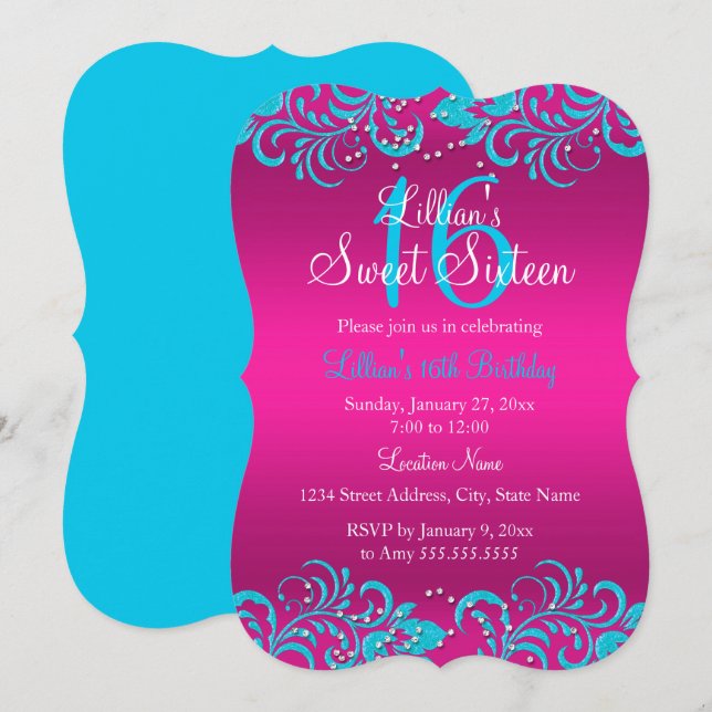 Invitation Rose et Turquoise brillant floral brun brun doux 1 (Devant / Derrière)