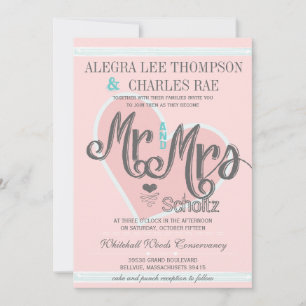Invitation Rose et Turquoise M. et Mme Mariages de typographi