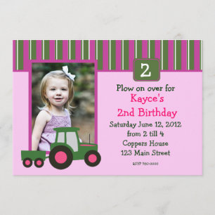Invitation rose et vert d'anniversaire de tracteur