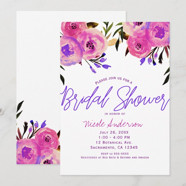 Invitation Rose et violet brillant Fête des mariées florale m (Devant / Derrière)