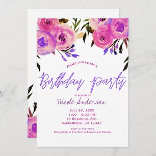 Invitation Rose et violet brillant Floral moderne fête d'anni