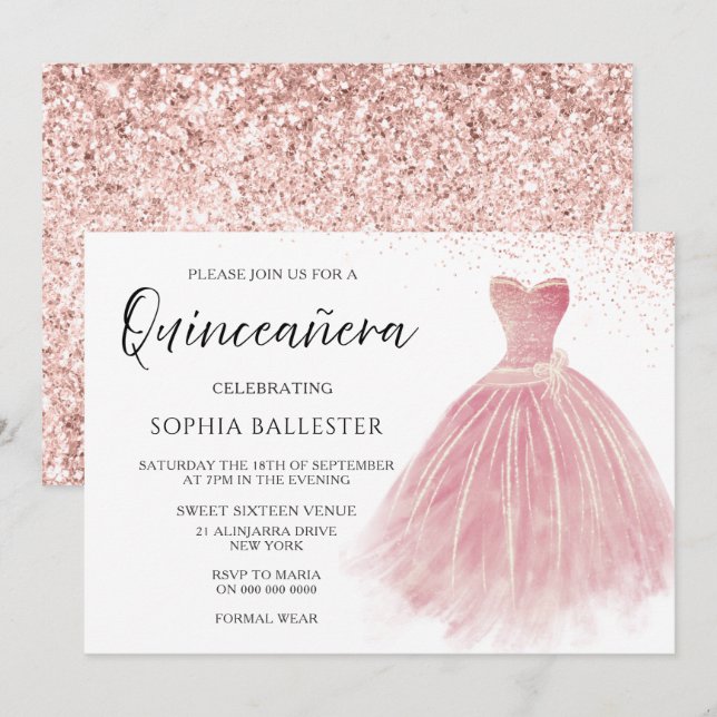 Invitation Rose étincelant Gold Blush Gown Quinceanera Party (Devant / Derrière)