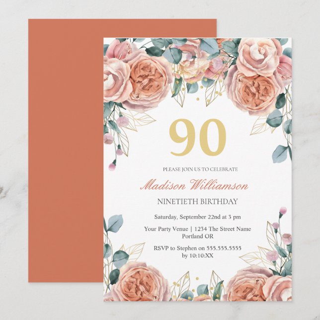 Invitation Rose & Eucalyptus Floral 90e fête d'anniversaire (Devant / Derrière)