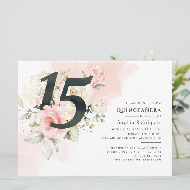 Invitation Rose Eucalyptus Quinceanera 15e anniversaire (Debout devant)