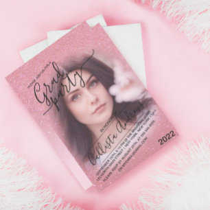 Invitation Rose Faux Pailleté Glitter Ombre Photo Diplômé