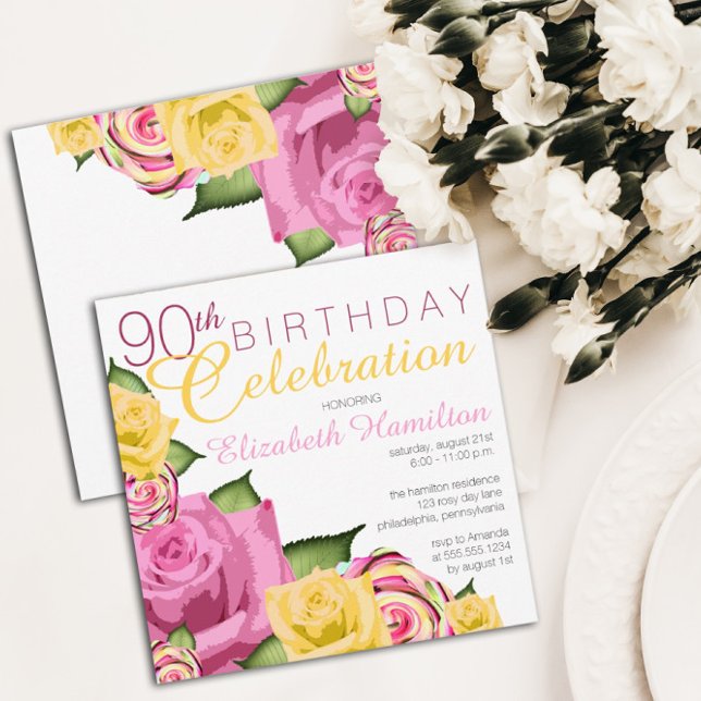 Invitation Rose | Fête du 90e anniversaire de la florale jaun (Créateur téléchargé)