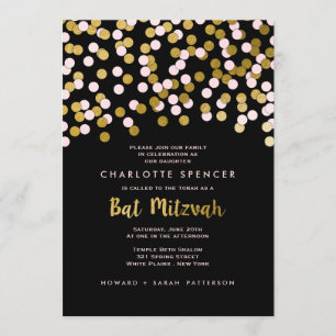Invitation Rose Fête du Bat mitzvah Gold Confetti