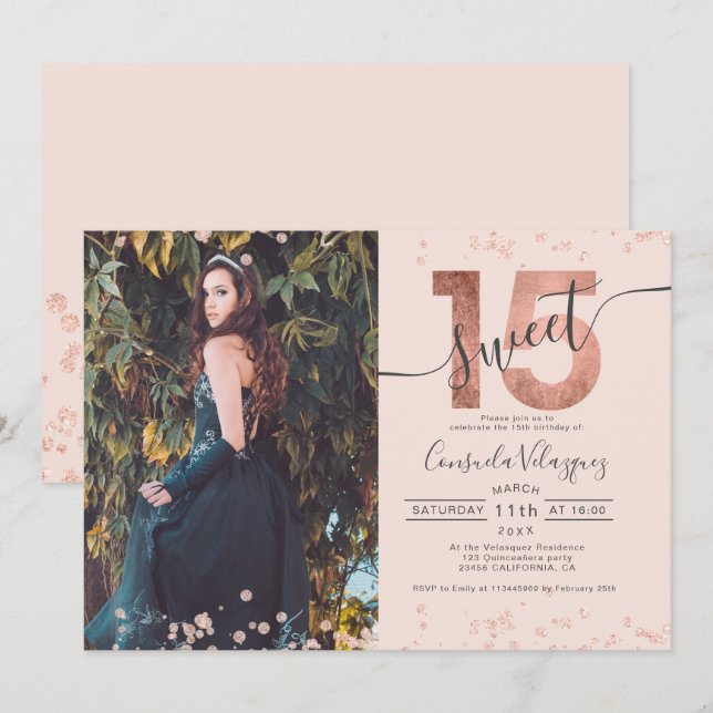 Invitation Rose feuille d'or confetti photo blush Quinceanera (Devant / Derrière)