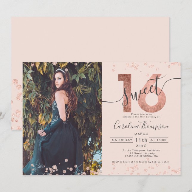 Invitation Rose feuille d'or confetti photo blush Sweet 16 (Devant / Derrière)