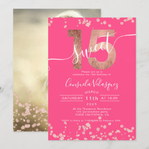 Invitation Rose feuille d'or confetti rose Quinceanera photo