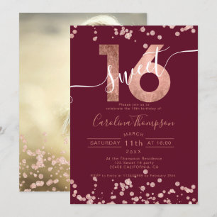 Invitation Rose feuille d'or confetti rouge Sweet 16 photo