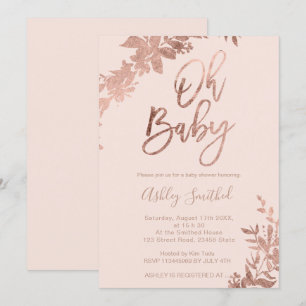 Invitation Rose feuille d'or rose florale rosée Oh baby showe