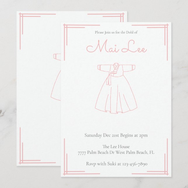 Invitation Rose fille Doljanchi Coréen 100 Jours Dohl Anniver (Devant / Derrière)