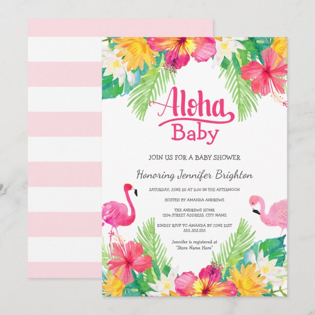 Invitation Rose | Flamant rose tropical Baby shower Luau (Devant / Derrière)