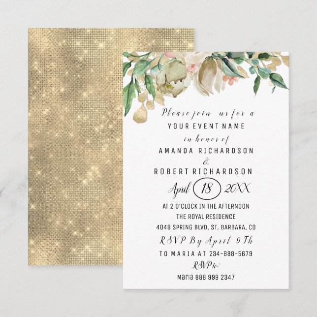 Invitation Rose Fleur Brunch Vert or Aquarelles Blanc (Devant / Derrière)