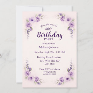 Invitation Rose Fleur de Lavande Aquarelle 40e Anniversaire