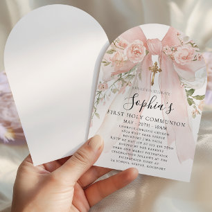 Invitation Rose Fleur de Lys Ruban Rose Communion Solennelle 