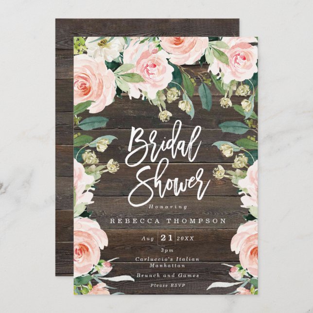 Invitation rose fleuri et verdure boho douche nuptiale modern (Devant / Derrière)