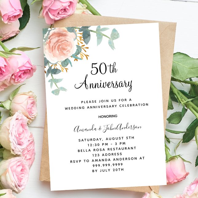 Invitation Rose fleuri vert rose 50e anniversaire mariage (Créateur téléchargé)