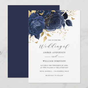 Invitation Rose Fleurie Or et Marine Mariage  