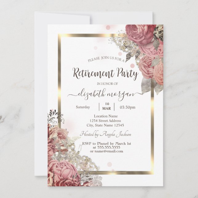 Invitation Rose Fleurs Or Frame Retraite (Devant)