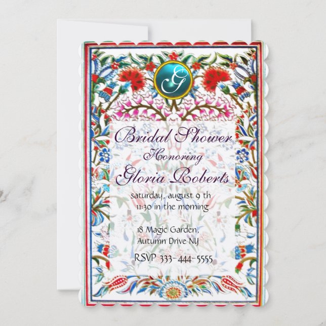 Invitation ROSE FLEURS ORIENTALES DAMASK MONOGRAM Bleu Argent (Devant)