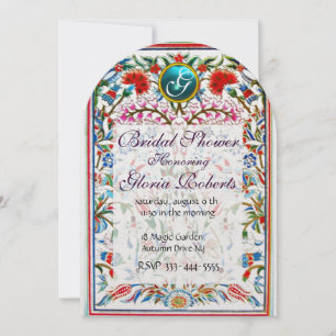 Invitation ROSE FLEURS ORIENTALES DAMASK MONOGRAM Blue Pearl