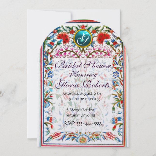 Invitation ROSE FLEURS ORIENTALES DAMASK MONOGRAM Blue Pearl (Devant)
