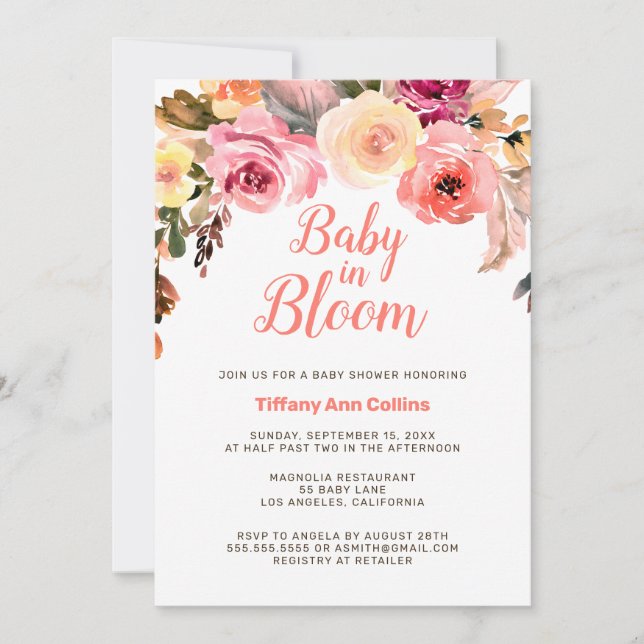 Invitation Rose floral Aquarelle bébé dans le Baby shower en  (Devant)