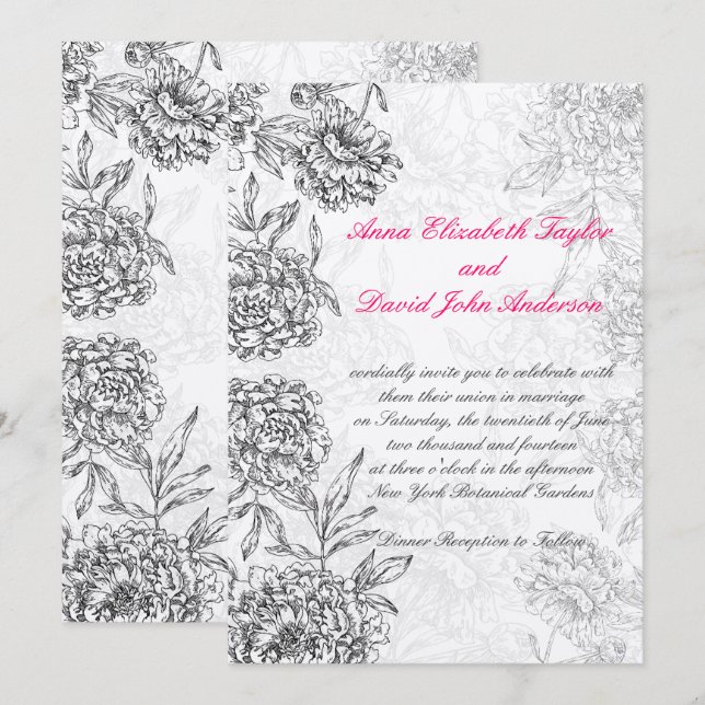 Invitation Rose floral argenté noir d'invitations de mariage (Devant / Derrière)