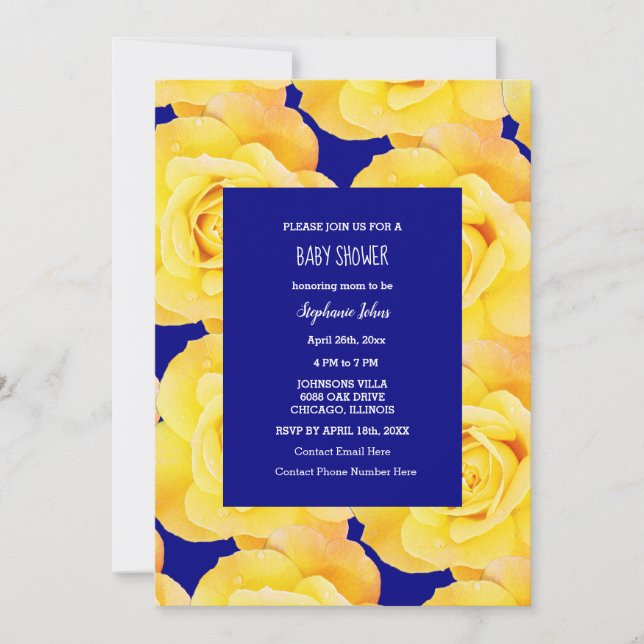 Invitation Rose Floral Baby shower bébé fille garçon Jaune bl (Devant)