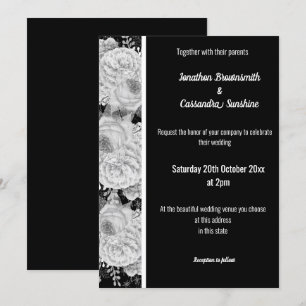Invitation Rose FLORAL BLANC ARGENT NOIR TRIM MARIAGE BLANC