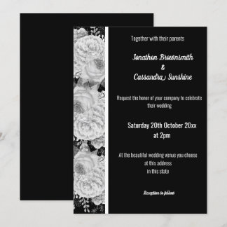 Invitation Rose FLORAL BLANC ARGENT NOIR TRIM MARIAGE BLANC
