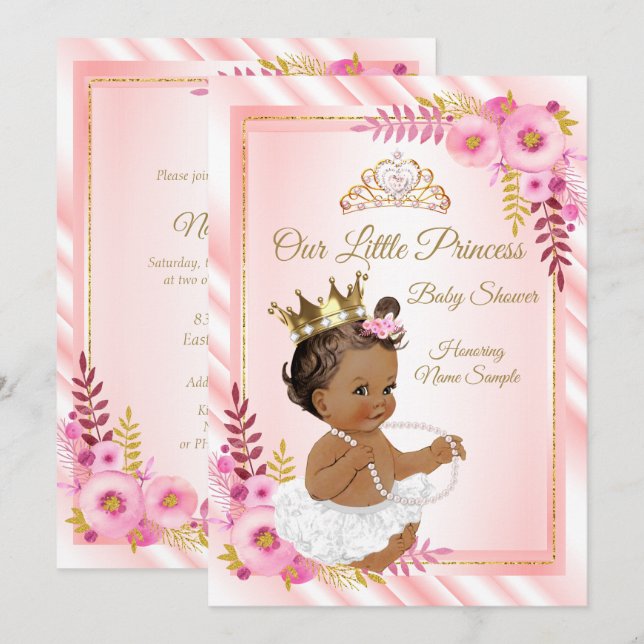 Invitation Rose Floral Blanc Princesse Baby shower Ethnique (Devant / Derrière)