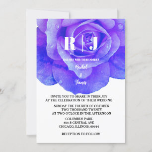 Invitation Rose Floral Bleu Fleurs Monogrammes Mariage élégan