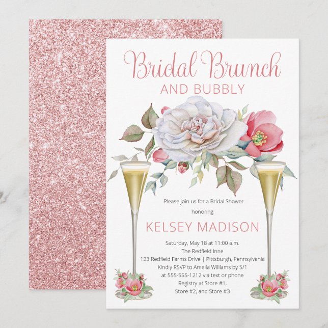 Invitation Rose Floral Blooms Bridal Brunch et Bubbly (Devant / Derrière)