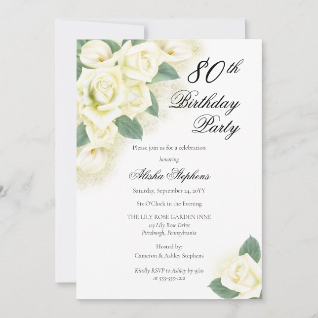 Invitation Rose Floral Bouquet 80e Anniversaire Fête Invitati (Devant)