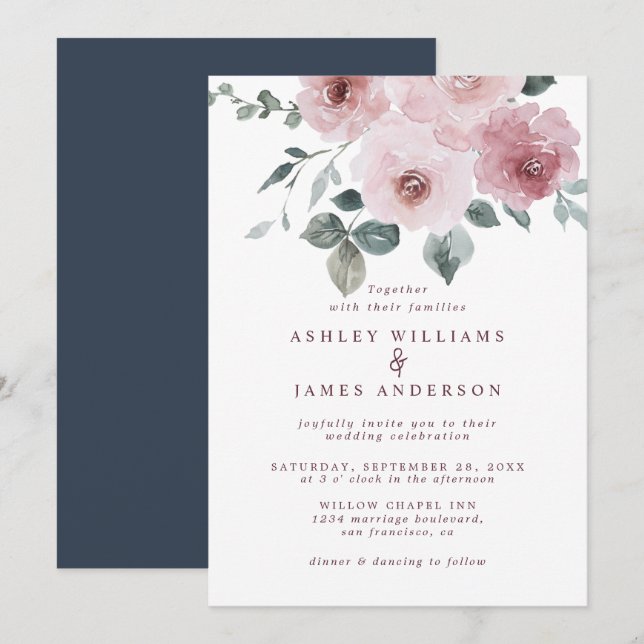 Invitation Rose floral Bourgogne Mariage bleu foncé (Devant / Derrière)