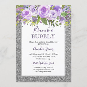 Invitation Rose Floral D'Argent Violet Brunch Et Douche Bubbl