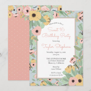 Invitation Rose floral du jardin  Jaune Bouquet Sweet 16 Part
