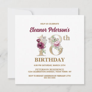 Invitation Rose Floral E 18e fête d'anniversaire