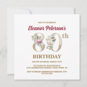 Invitation Rose Floral E 80e fête d'anniversaire