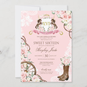 Invitation Rose Floral & Elégant Crest Cowgirl Ranch Sweet 16