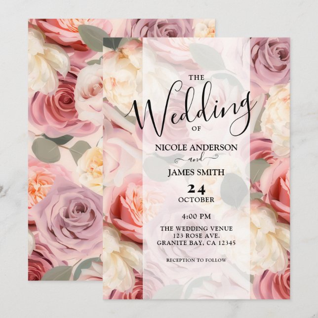 Invitation Rose Floral Élégant Shabby Chic Mariage rêvé   (Devant / Derrière)