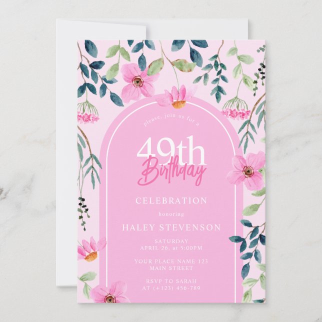 Invitation Rose Floral Fleur sauvage Girly Elégant 49e annive (Devant)