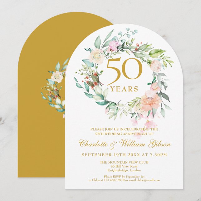 Invitation Rose Floral Garland 50e anniversaire de Mariage (Devant / Derrière)